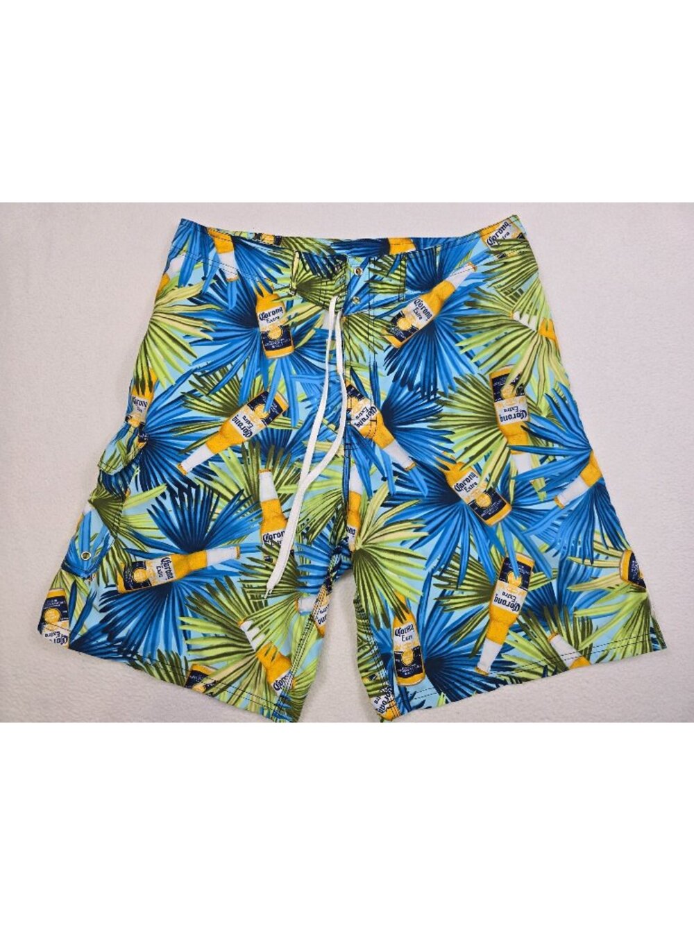 Corona Extra Mens 36 Swim Trunks Tropical Palm & Beer Print